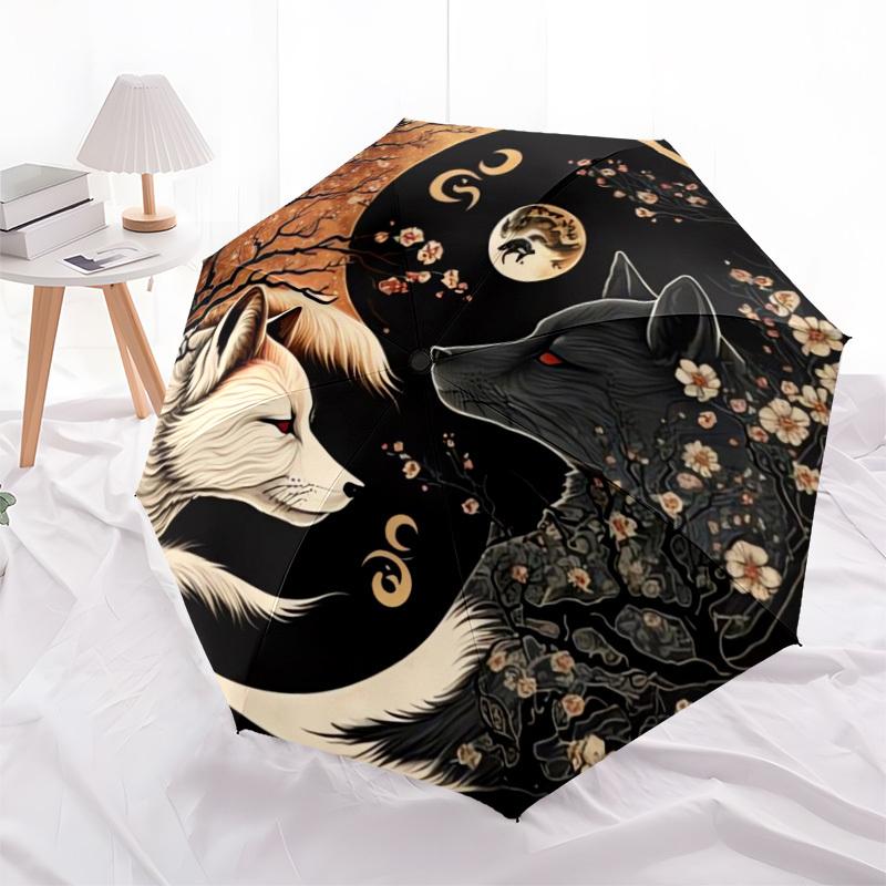 1pc Yin-Yang Wolves Blossoms Moon Umbrella with Plastic Handle,Suitable for All Seasons Home Travel Outdoor UmbrellaDD972