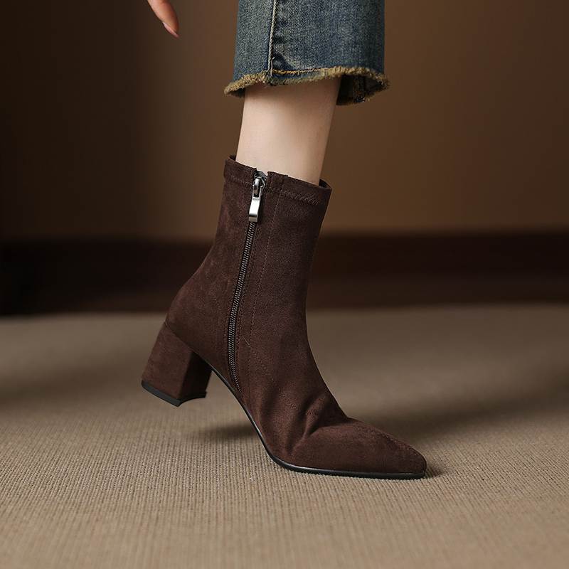 Krazing Pot Flock Pointed Toe Thick Heels Chelsea Boots Size 43 Zip Beauty Lady Women Ankle Boots