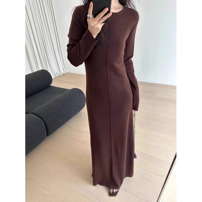 Light and Ripe Coffee Color Round Neck Knitted Dress Women's New Autumn Design Niche Skirt