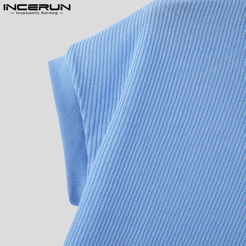 INCERUN Men Lapel Neck Solid Color Stitching Texture Casual T-shirt Tops