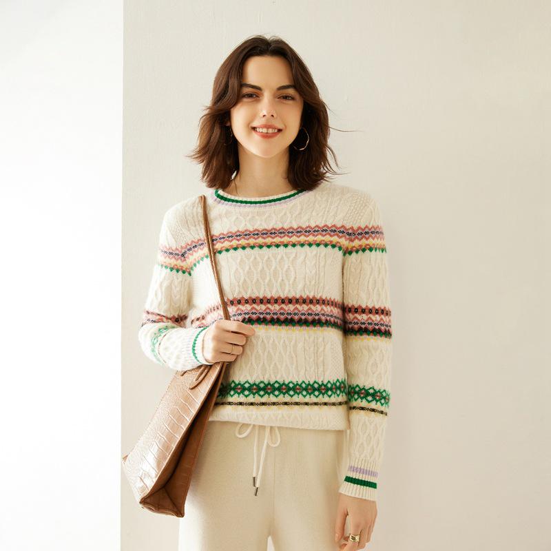 Women's Retro Jacquard Cashmere Knitwear: Color Block Round Neck for Autumn/Winter