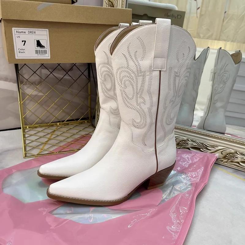 

Fashion Cowboy Boots for Women Autumn and Winter New White Pointed Thick Heel Soft Midsole Straight Leg Short Boots for Women Shoes 36 бежевый