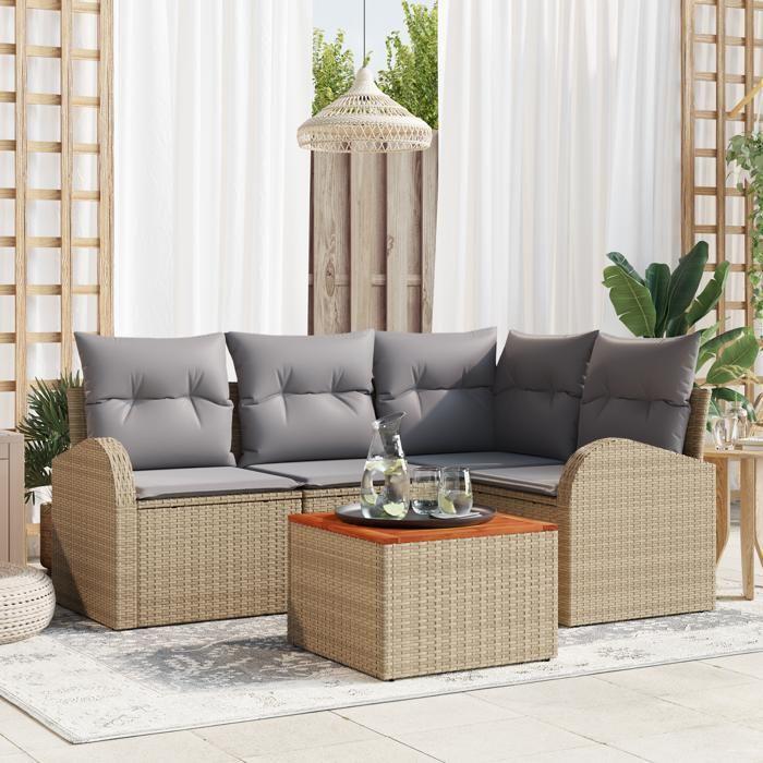 VidaXL Ensemble de Canapé 5 Pièces avec Coussins en Poly Rattan Beige et Acacia 3347574