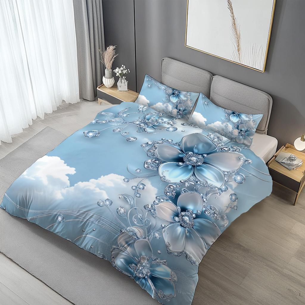 Latacaca 2/3Pcs Blue Crystal Cloud Floral Duvet Cover Set, Wrinkle Fade Resistant Machine Washable Bedding with Pillowcases