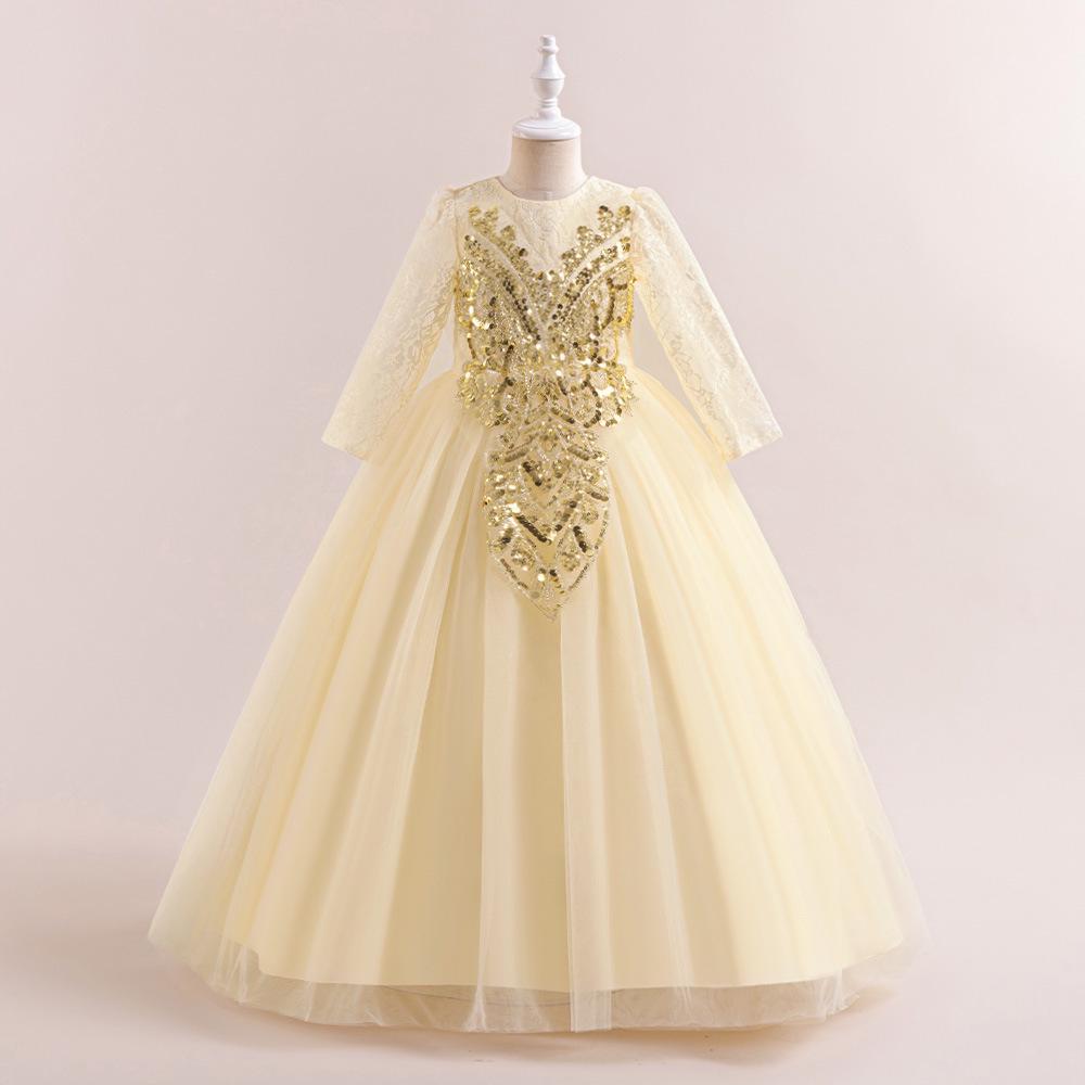 

New Elegant Kids Princess Sequin Embroidered Mesh Gown - Long Sleeve Formal Dress for Evening & Fashion Show 160cm/11Y
