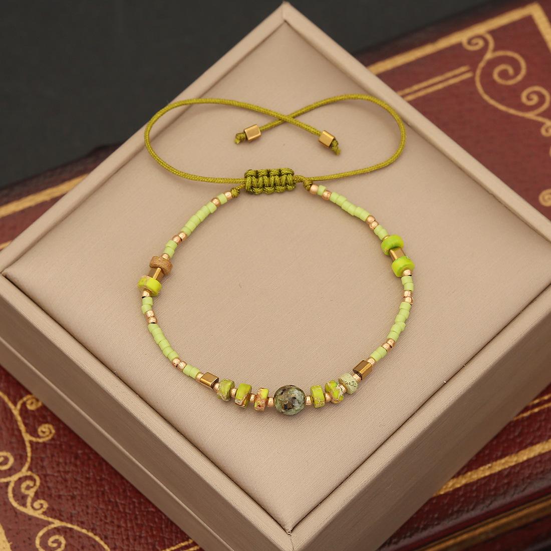 Original Western design handmade natural stone woven bracelet, rice bead jewelry, Bohemian accessories трава зеленый