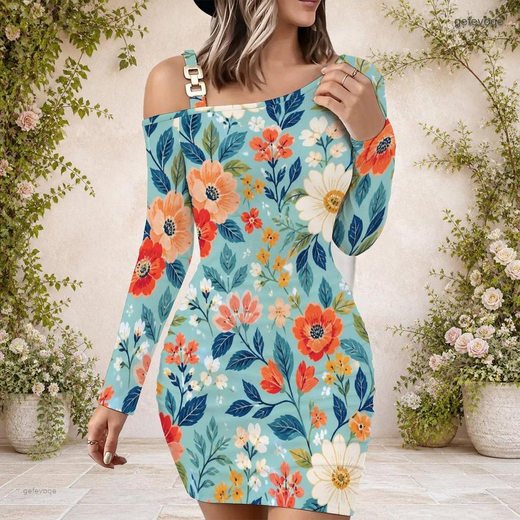 Ladies Plus Size One Side Off Shoulder Long Sleeve Dress