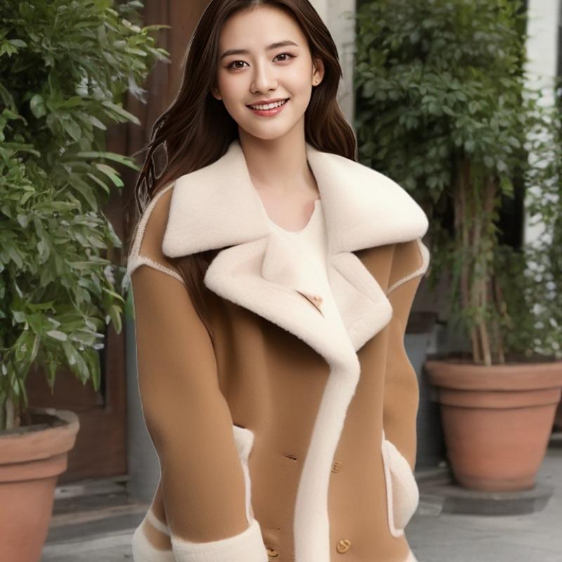 Women Thickened Loose Cashmere Patchwork Jacket Winter Solid Color Long Sleeve Warm Casual Coat Single Breasted Outerwear