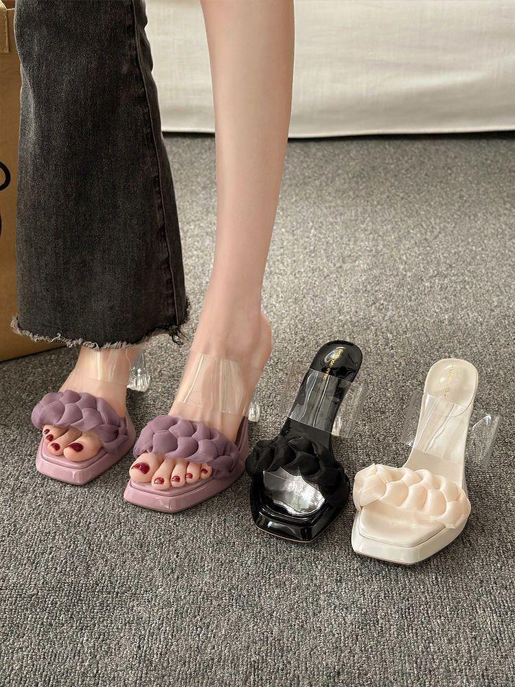 Waterproof table slippers women's outer wear spring 2025 new outer wear fashion crystal high-heeled fairy wind one-word sandals