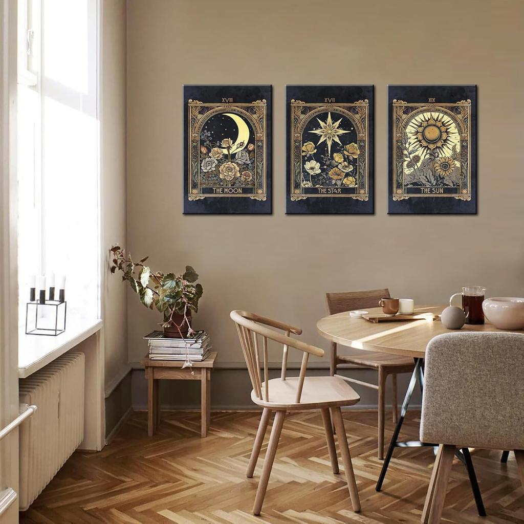 Tarot Cards Celestial Canvas Wall Art Set of 3 Boho Mystic Astrology Paintings Pictures Wall Decor Star Sun and Moon Posters Prints for Living Room