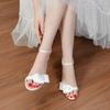 7Cm thick heel light mouth word with sandals ribbon bow satin bridal wedding dress open-toed women's sandals