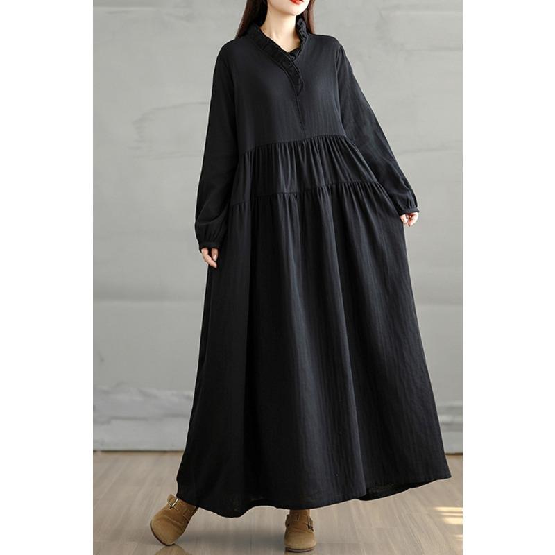 DIMANAF 2025 Women Plus Size Autumn Long Dress Loose Vintage Casual Oversize Long Sleeve Maxi Vintage Dress Black