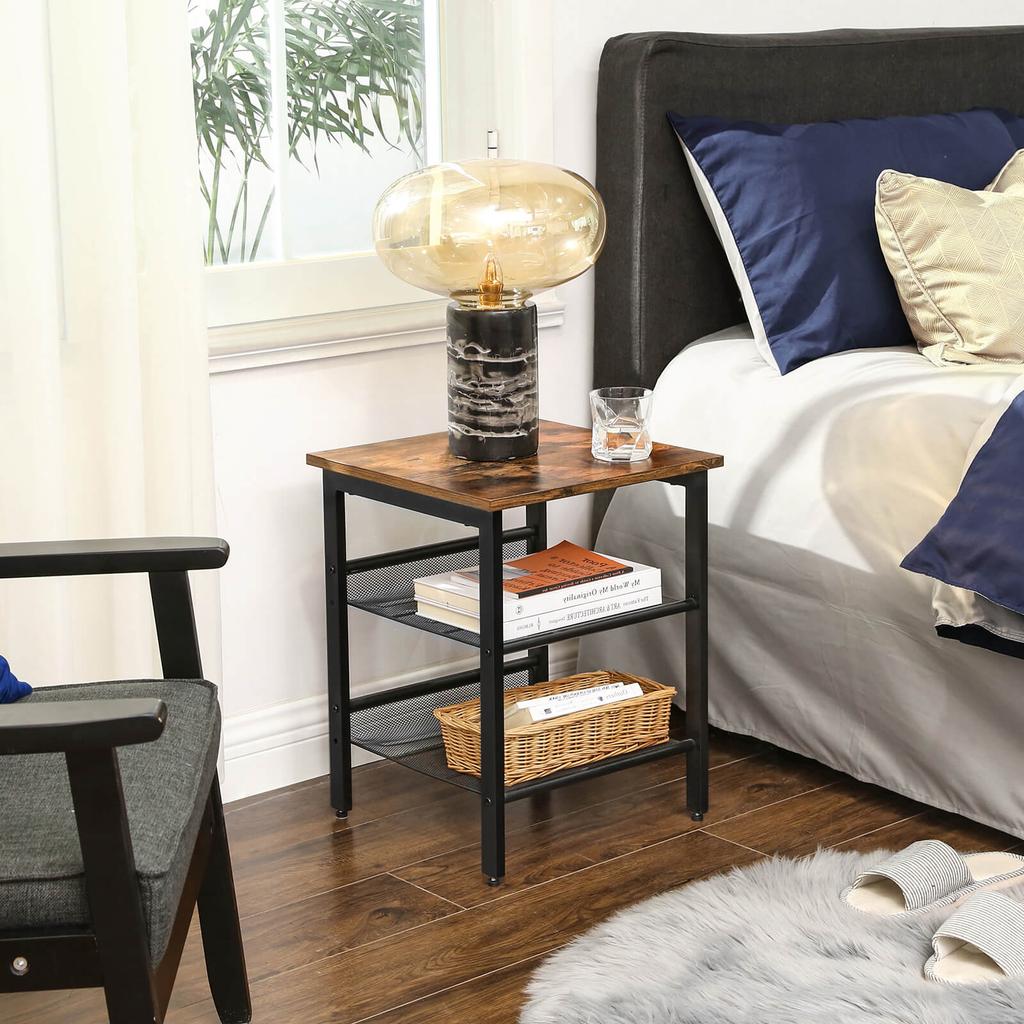 VASAGLE Side Table, Nightstand, End Table with 2 Adjustable Mesh Shelves, Easy Assembly, Industrial for Living Room, Bedroom, Stable Steel Frame