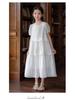 Girls' Embroidered White Cotton Dress – Sweet Bubble Sleeve Cake Design for Summer