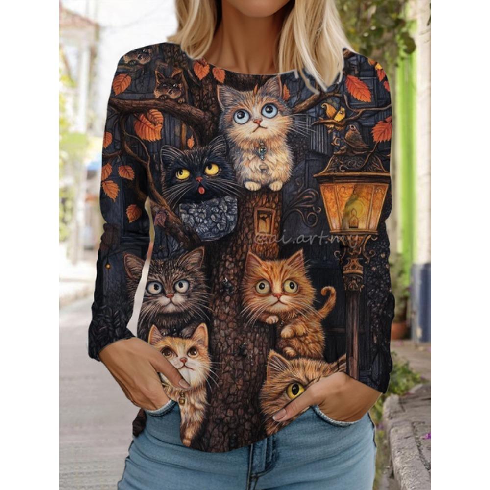 Hanorac de damă designer gât rotund mânecă lungă modă casual drăguț pisoi model animal imprimeu topuri