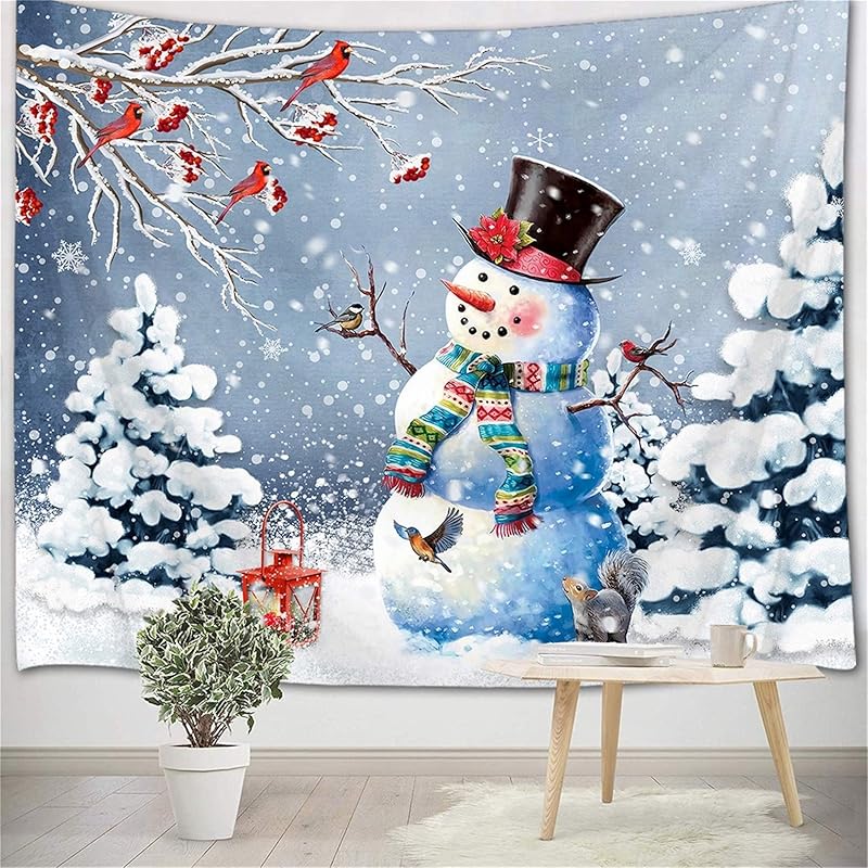 Charming Winter Wonderland Tapestry Festive Snowman with Birds and Lantern for Cozy Home Decor Perfect Wall Art for Living Room