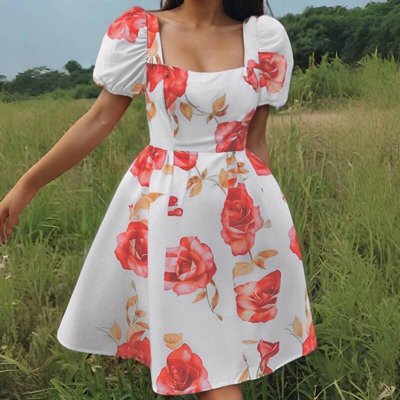 

ZANZEA Праздничный стиль Квадратный вырез Пышные рукава Приталенное Розовый цветочный А-силуэтное платье 4XL