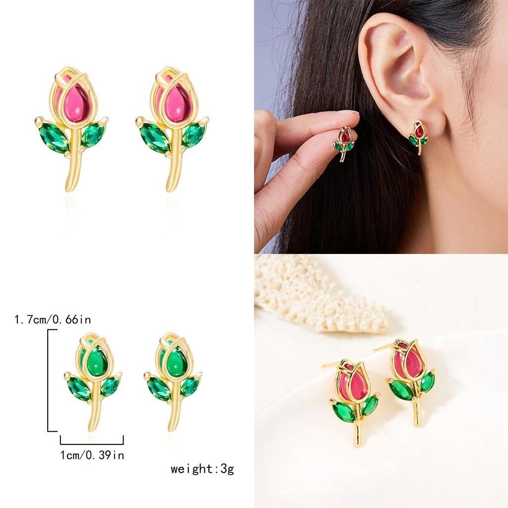 Romantic Tulip Flower Stud Earrings For Women Copper Glass Spring Jewelry