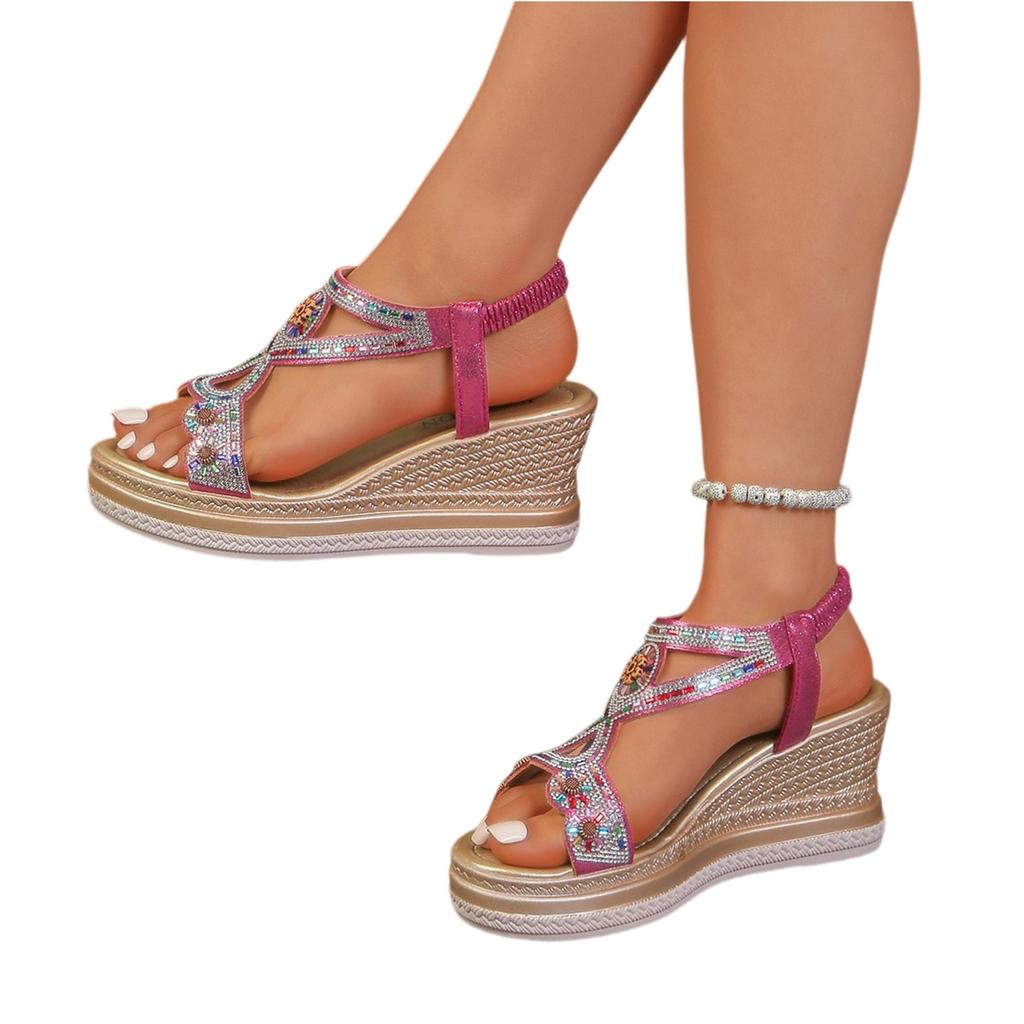 Damen Sommer Römische Keilsandalen Elastischer Riemen Offene Zehenplattform-Sandalen mit Ethnischen Musterverzierungen Bequeme Passform