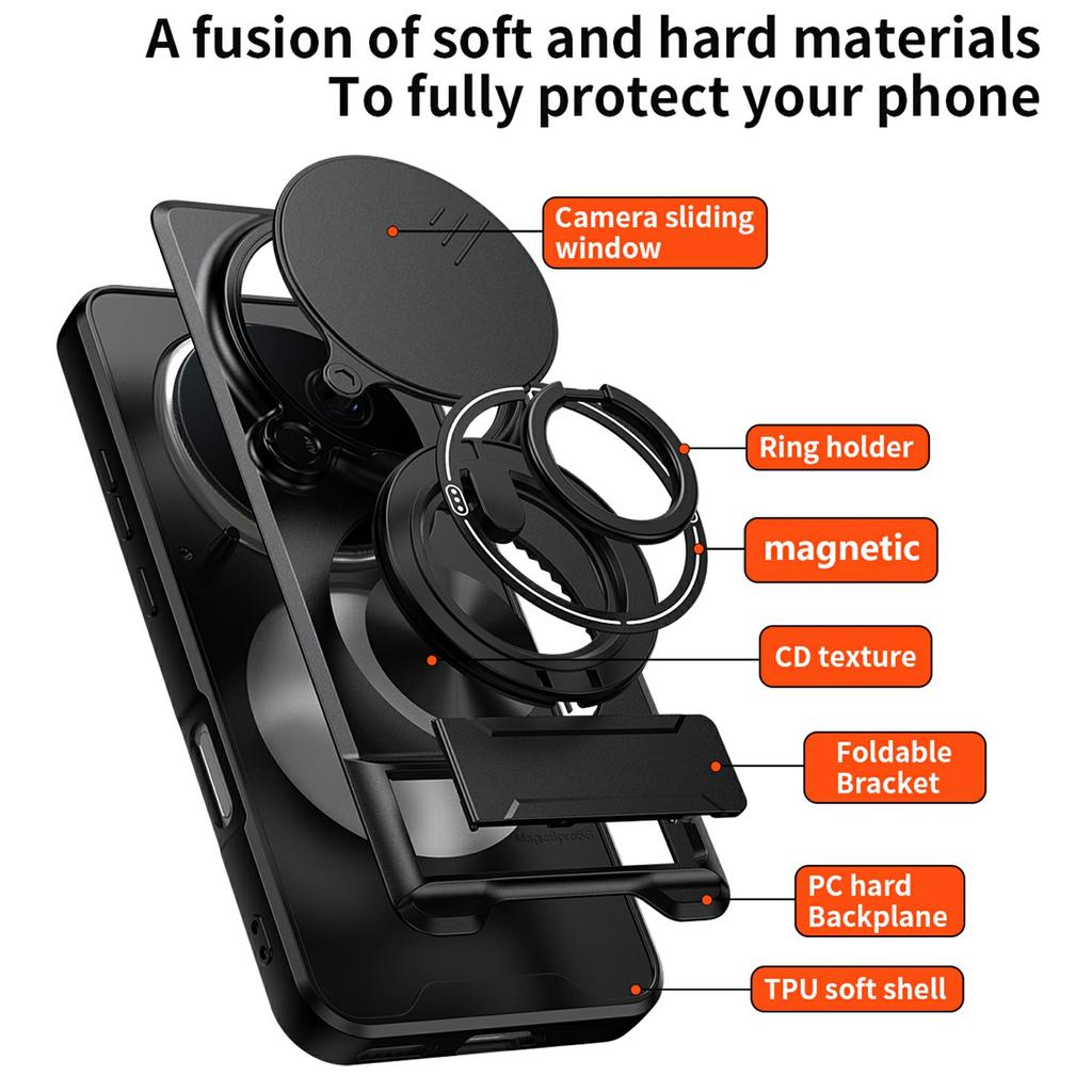 Für Honor Magic8 Pro 5G Magnetische Hülle Ringhalter Faltbarer Ständer TPU PC Handyhülle mit Kameraobjektiv-Schieberegler