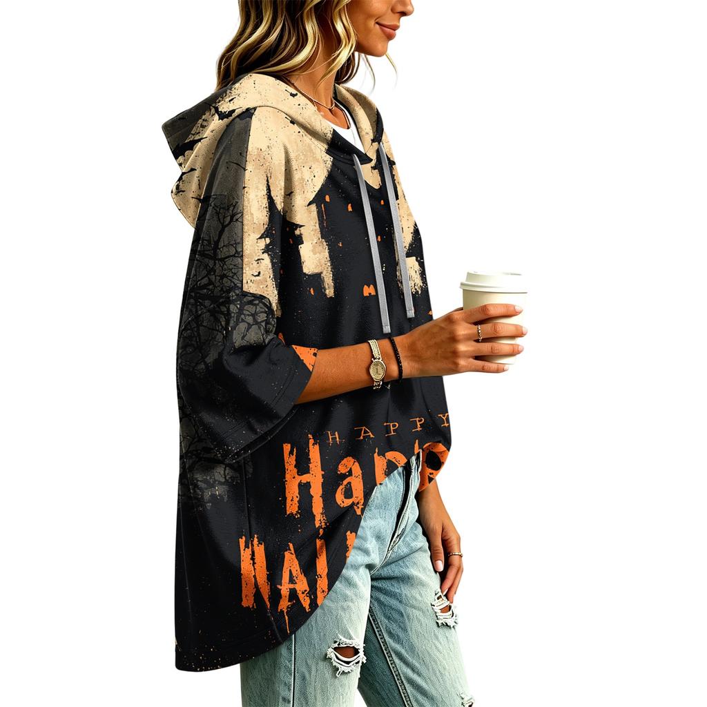 Women's Casual Three-Quarter Sleeve Halloween Print Hooded Pullover Top