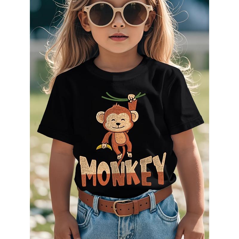 European sizes Monkey Print Cotton T-Shirt - Cute Monkey Face Short Sleeve Round Neck Top | Machine Washable 164cm чёрный