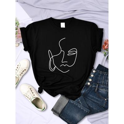 Abstract Simple Stroke Face Prints Women T-Shirts Hip Hop Breathable Short Sleeve Soft Street Casual Tops Female Tee Clothing