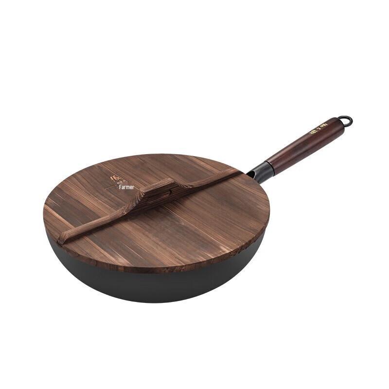 Zhang Xiaoquan 32cm Tradycyjny Wok z Kutej Żelaza z Drewnianą Pokrywką
