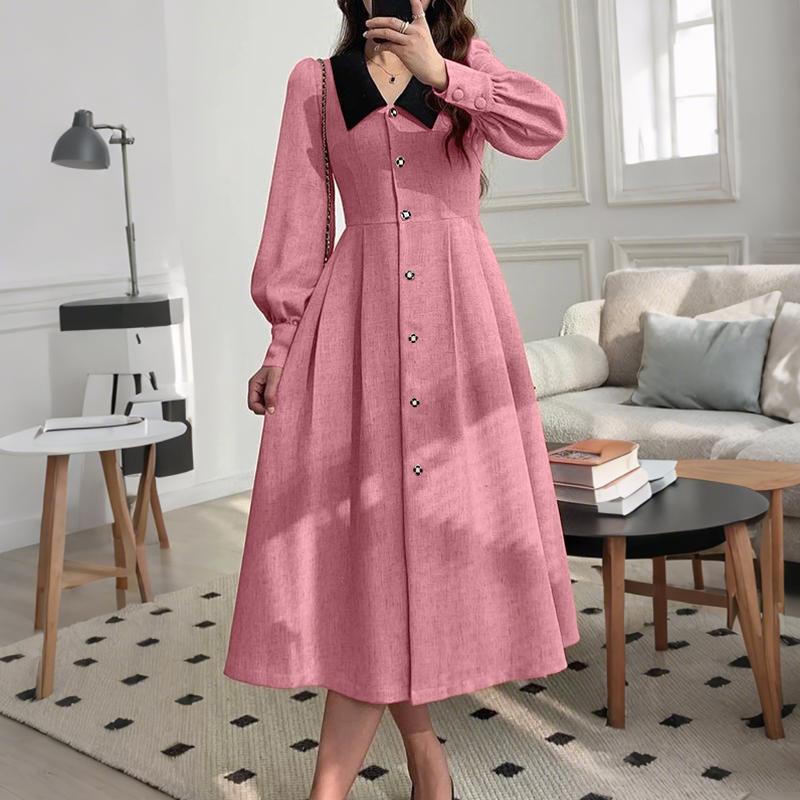 ZANZEA Women Splice Lapel Collar Casual Long Sleeve Elegant Dress