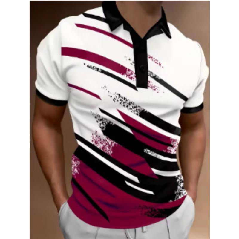 Men's Slim Fit Abstract Print Polo Shirt Black Trim Collar Cuffs Golf Shirt