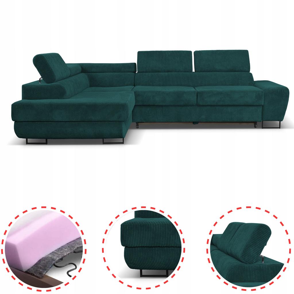 Corner Sofa, Foldable, F, Sleeping, Savio, Left, Family Furniture, Green, Corduroy