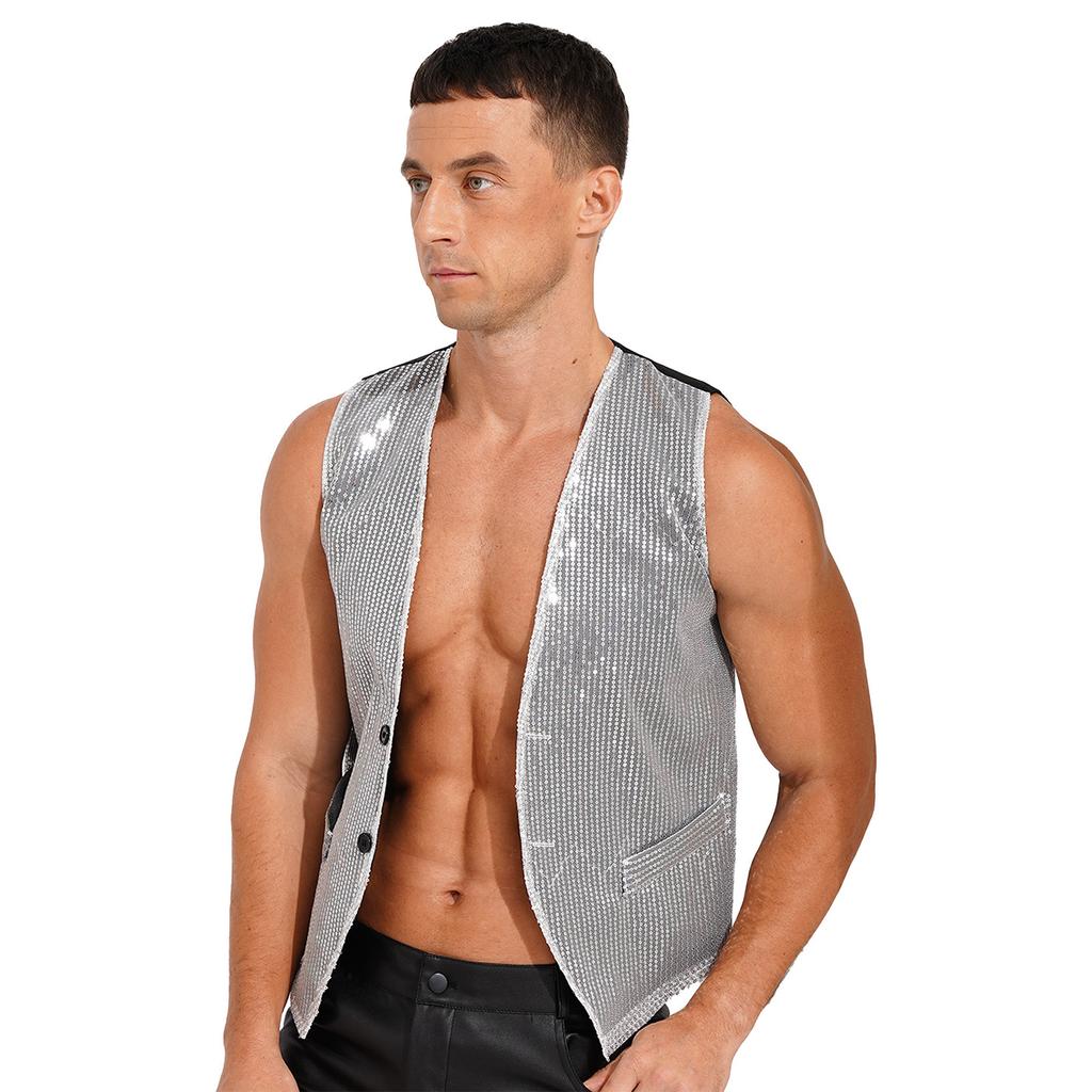 Vestă pentru bărbați și femei, cu paiete strălucitoare, vestă fără mâneci, cu butoni, pentru costum de spectacol de club