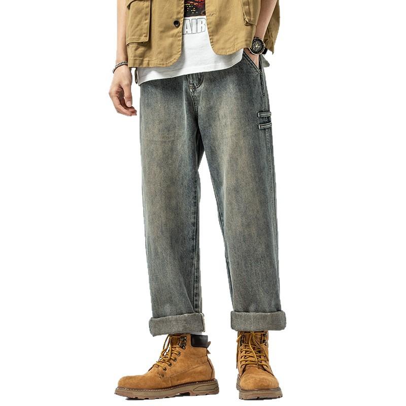 American retro trendy brand washed old jeans men's trend fashion loose wide legs large size straight long pants