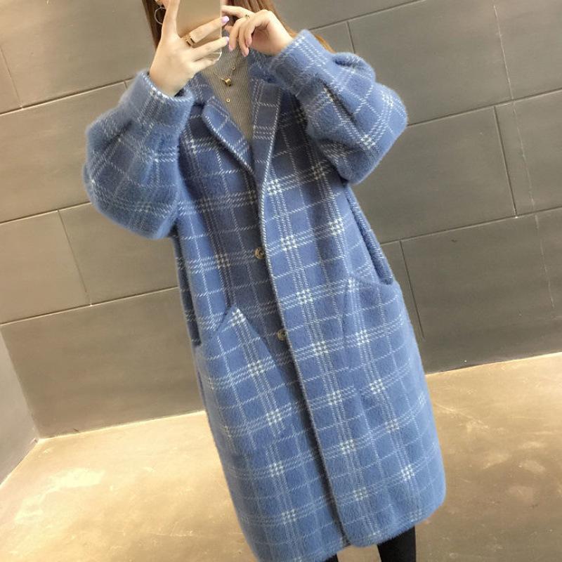 Korean Style Plaid Mid-Length Knit Jacket - Loose Fit, Long Sleeve, Autumn/Winter Women's Fashion.