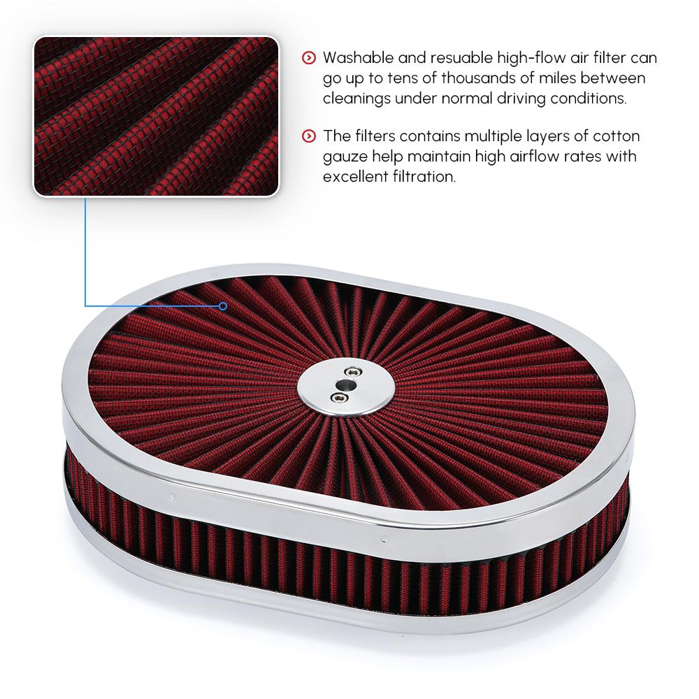 12"x2" Oval Air Cleaner Filter Assembly 5-1/8" Carb Neck W/ Flow-Thru Lid High Flow Chrome for GMC Chevy Ford Chryler Dodge