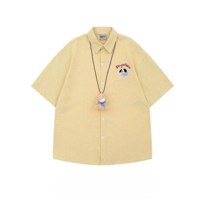 Dog Embroidered Women's Shirt Short Sleeved Teddy Bear Pendant Checkered Shirts College Style Casual Versatile Blouses