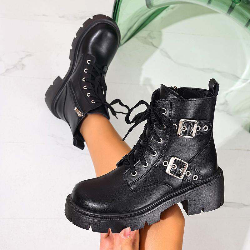 Fashion Women's Chunky Heel Combat Boots Black PU Leather Platform Ankle Boots for Women Fashion Buckle Strap Lace Up Motorcycle Booties