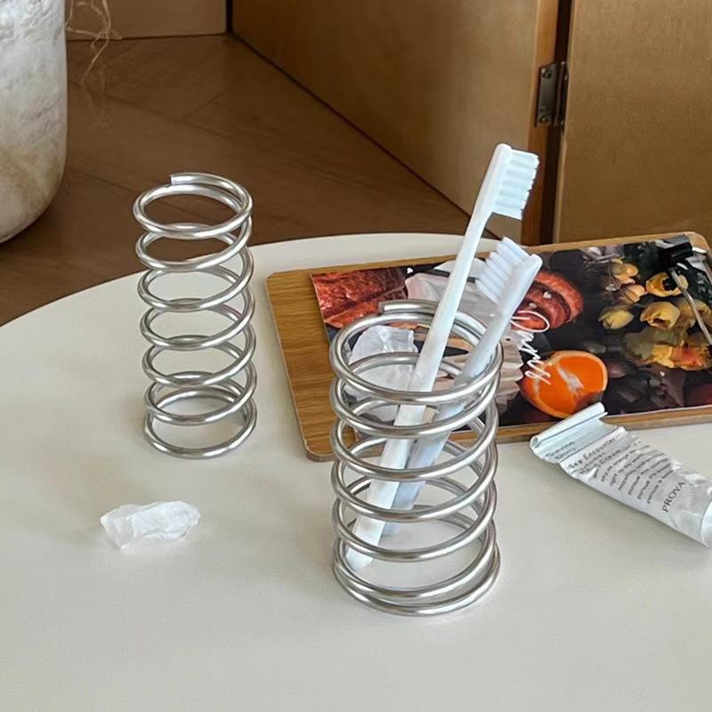 Spring Stainless Steel Cylindrical Toothbrush Stand Toothpaste Holder Pen Rack Storage Organizer Kitchen Bathroom Accessories