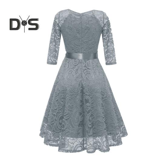 Women Prom Dress V Neck Back Zipper Bow Belt Tight Mid Waist Flower Embroidery A-line Loose Hem Long Sleeve Double Layers Elegant Party Banquet Midi