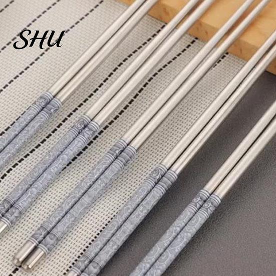 Chinese Stainless Steel Chopsticks 5 Pairs Food Stick Porcelain Pattern Anti-Slip Stylish Non-slip for Home