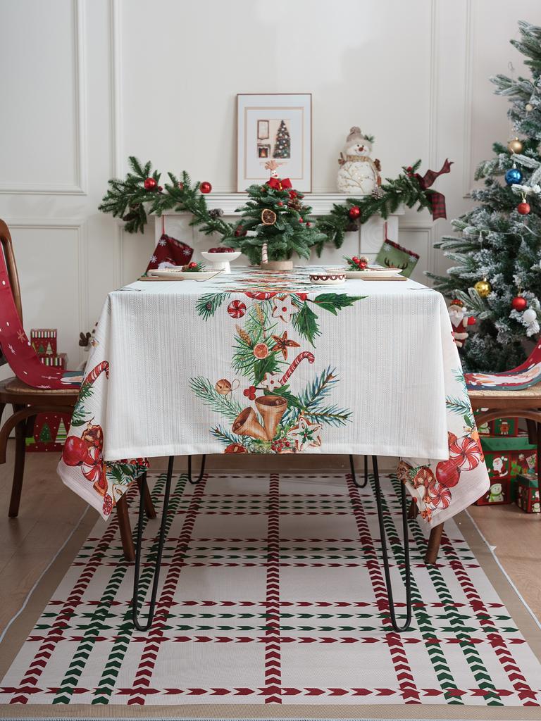 White Christmas Bell Print Tablecloth for Living Room Kitchen Dining Table Festive Atmosphere Party Decoration