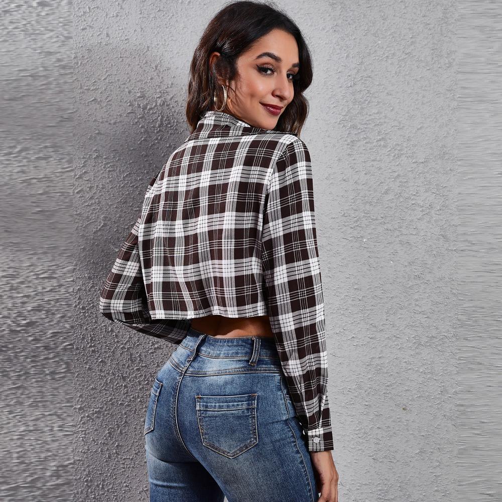 GMXIA Women's Fashion Casual Plaid Print Long Sleeve POLO Neck