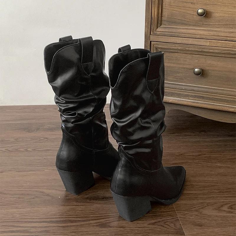 Vintage Pointed Toe Women Western Cowgirl Boots Fashion Slip On Shoes Autumn Winter Thick Heel Ladies Mid Calf Booties