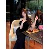 Light and Mature Style Black Slanted Shoulder Dress, Girlish Temperament Waist Long Dress, Zixia