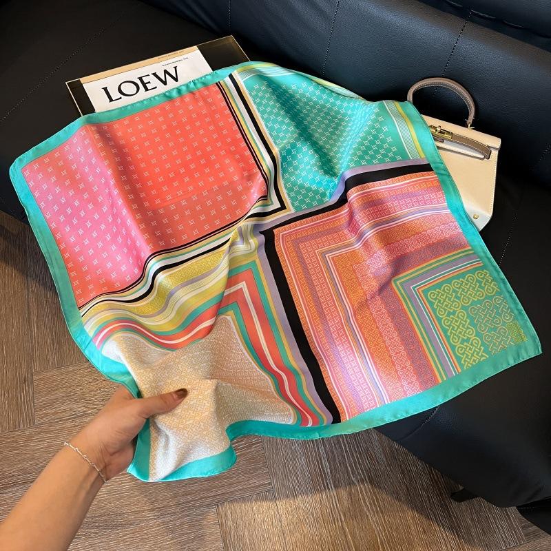 Silk scarf women's spring and autumn decoration versatile ins simple style striped square scarf streamer simulation silk fashion scarf scarf scarf