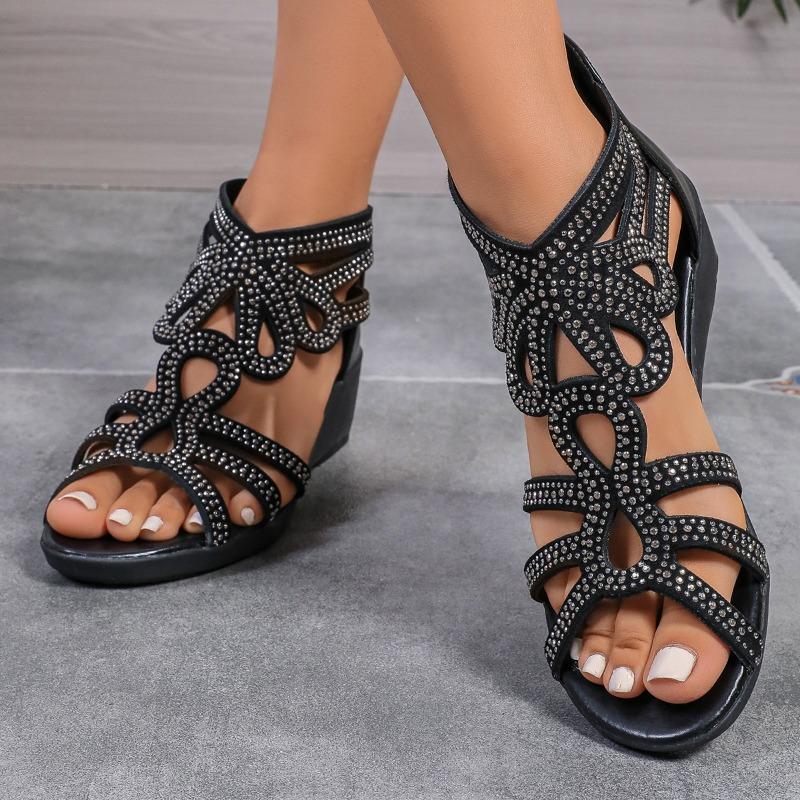 Mode 2025NYA Kristallsandaler Dam Kilklackar Bekväma Höga Klackar Utskurna Dragkedjesandaler Bekväma Platta Stilfulla Sandaler