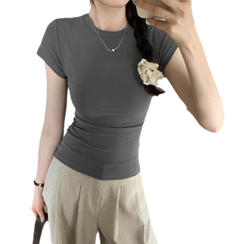 

American Hot Girl Round Neck Simple Slim Short Women s Basic Commuting Versatile Short Sleeve Bottoming Top XL