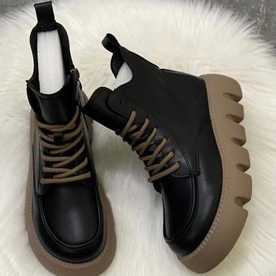 2025 Style Britannique Semelle Épaisse Surélevée Petites Bottines Vulcanisées Semelle Bottines Courtes Rétro Polyvalentes Automne Hiver Nouveautés Femme