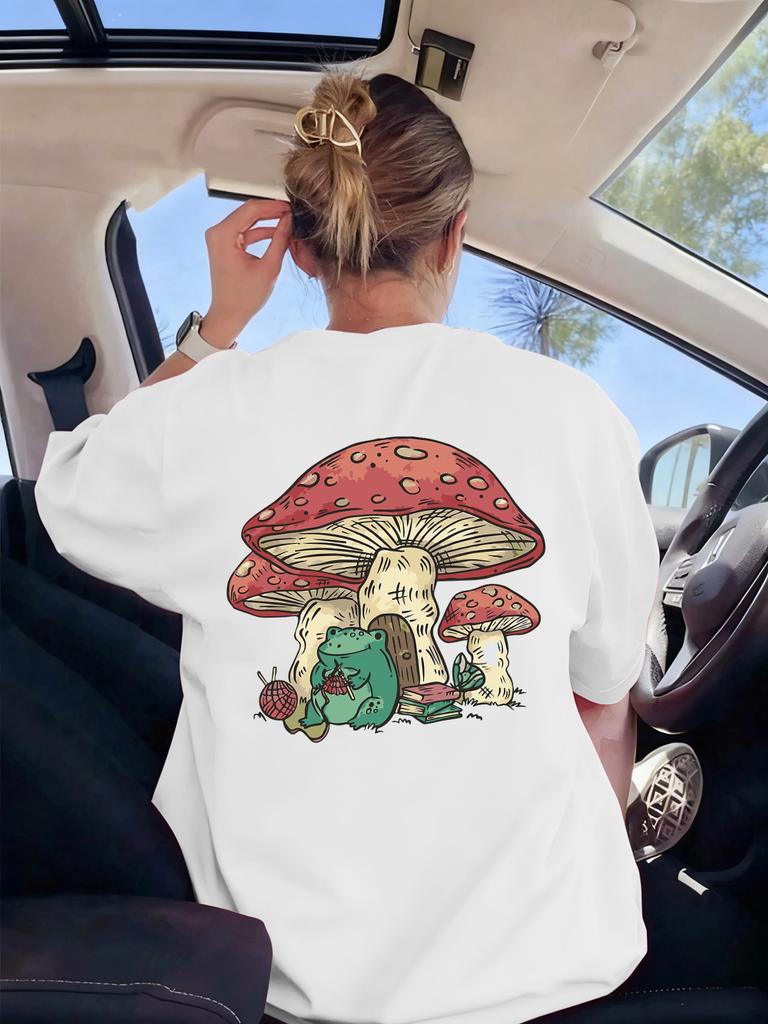 Frog Under Mushroom Printing TShirt Womens Basics Loose T Shirts ONeck Soft Short Sleeve Tops Summer Comfortable Woman Clothes