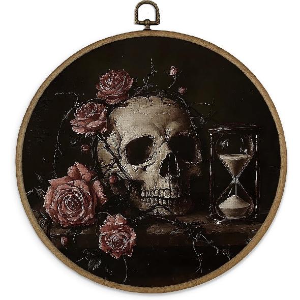 Gnmduw Dark Gothic Skull Floral Wall Art Framed, Dark Academia Skeleton Halloween Round Hanging Wall Decor, Vintage Witchy Floral Canvas Prints Art